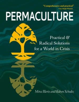 Book cover for Permaculture: Practical & Radical Solutions for a World in Crisis, with a yellow tree emblem on a teal marbled background.