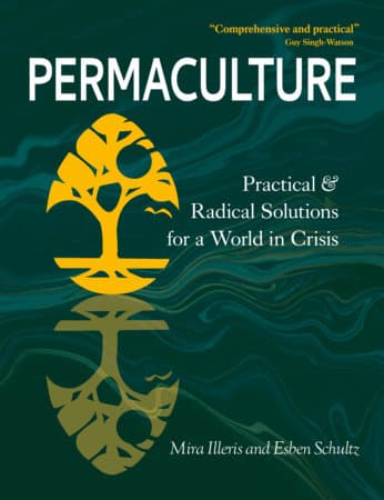 Book cover for Permaculture: Practical & Radical Solutions for a World in Crisis, with a yellow tree emblem on a teal marbled background.