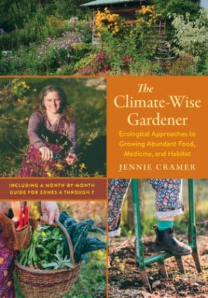 Book cover: The Climate-Wise Gardener by Jennie Cramer, with a collage of a woman in a garden, a basket of produce, and a gardener's booted foot.