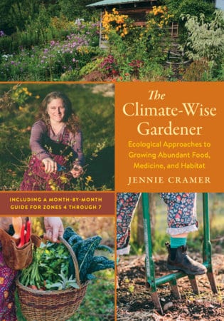 Book cover: The Climate-Wise Gardener by Jennie Cramer, with a collage of a woman in a garden, a basket of produce, and a gardener's booted foot.
