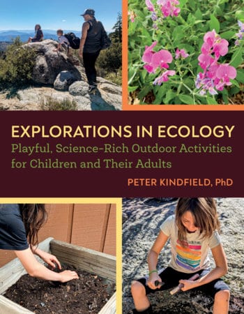 Book cover for Explorations in Ecology showing four outdoor scenes: hikers on rocks, pink flowers, a child planting, and another child digging, with the title band across the center.