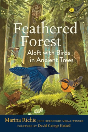 Book cover: Feathered Forest: Aloft with Birds in Ancient Trees by Marina Richie; colorful birds in a lush forest.