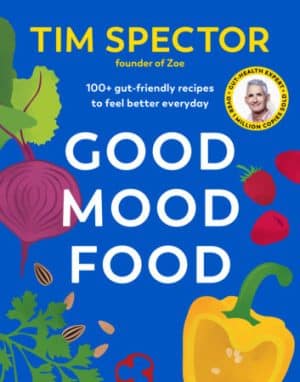 Book cover for 'Good Mood Food' by Tim Spector, with bright vegetables on a blue background and large white title text.