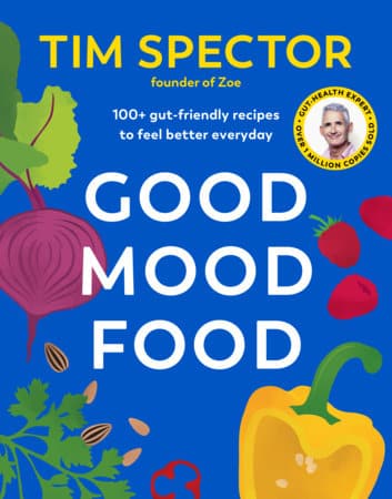 Book cover for 'Good Mood Food' by Tim Spector, with bright vegetables on a blue background and large white title text.