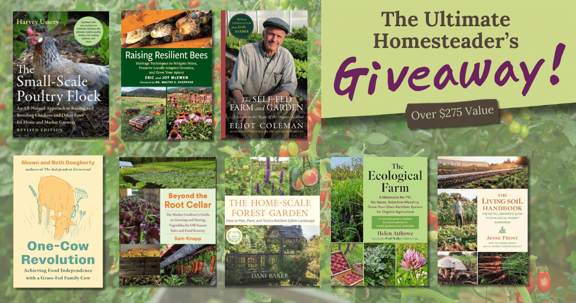 Collage of homesteading book covers around a pale green 'The Ultimate Homesteader's Giveaway' banner promising over 5 value.