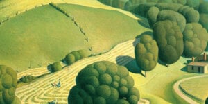 Illustration of grassy hills and farmland