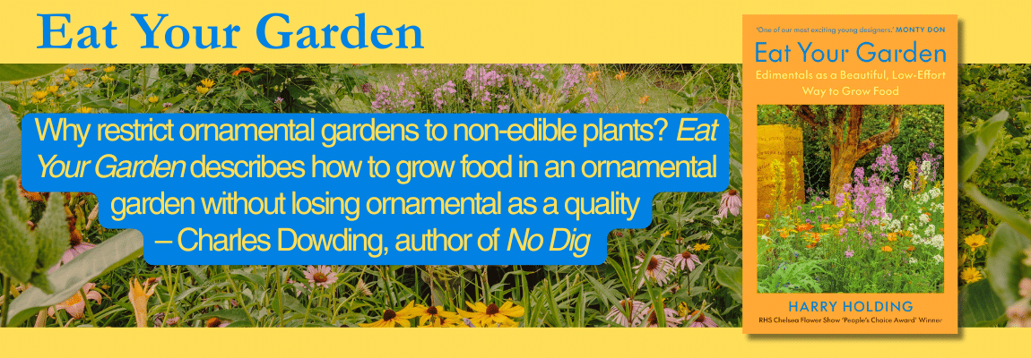 Promotional banner for 'Eat Your Garden' featuring a garden photo with a yellow header and a blue quoted line.
