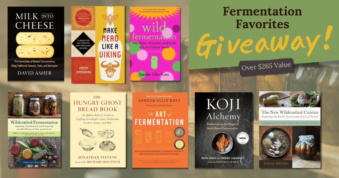 Collage of fermentation book covers with a green giveaway banner reading Fermentation Favorites Giveaway! Over 5 Value.