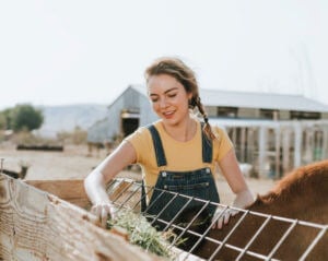Girl on a farm filling a feed trough