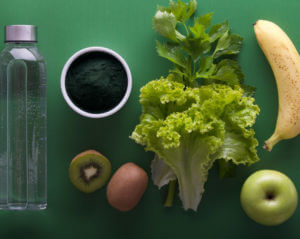 Water, coffee, kiwi, lettuce, apple, banana