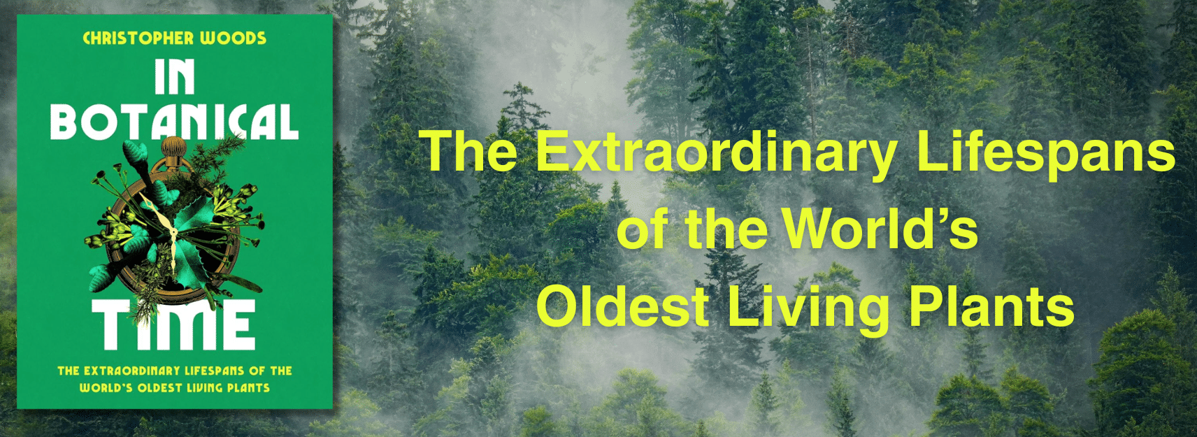 Left-aligned green book cover reading 'In Botanical Time' with plant collage; right, forest background with bright yellow headline 'The Extraordinary Lifespans of the World's Oldest Living Plants'.