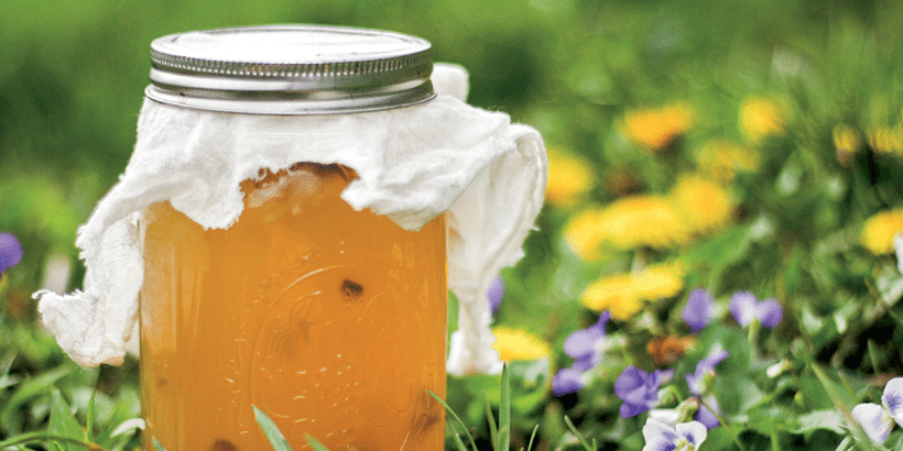Jar of honey with a cloth-covered lid resting among grass and colorful garden flowers.
