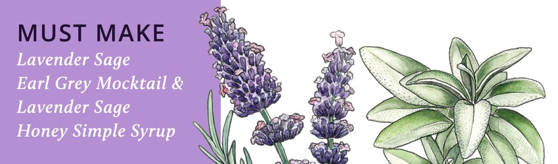 Banner promoting Lavender Sage Earl Grey Mocktail and Lavender Sage Honey Simple Syrup, with lavender and sage botanical illustrations on the right.