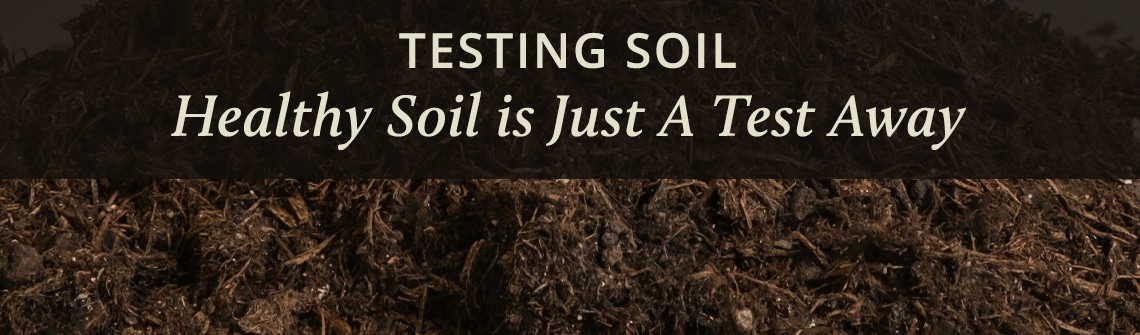 Banner reading 'TESTING SOIL' and 'Healthy Soil is Just A Test Away' over a close-up of soil texture with a dark overlay.