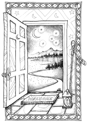 illustration of a door open at night