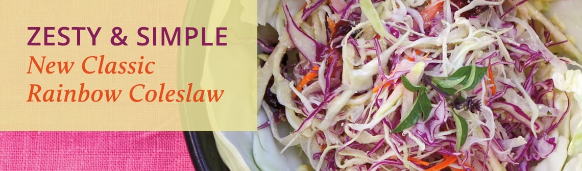 Banner advertising 'Zesty & Simple New Classic Rainbow Coleslaw' with a colorful shredded coleslaw bowl on the right.
