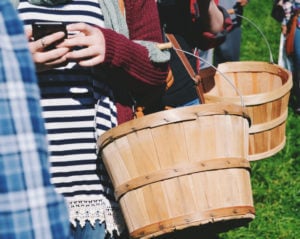 people carrying apple picking baskets