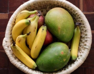 bananas and mangoes in a bowl