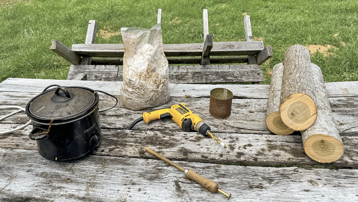 Weathered wooden table outdoors with a slow cooker, a paper bag, a yellow drill, a tin can, and stacked log sections.